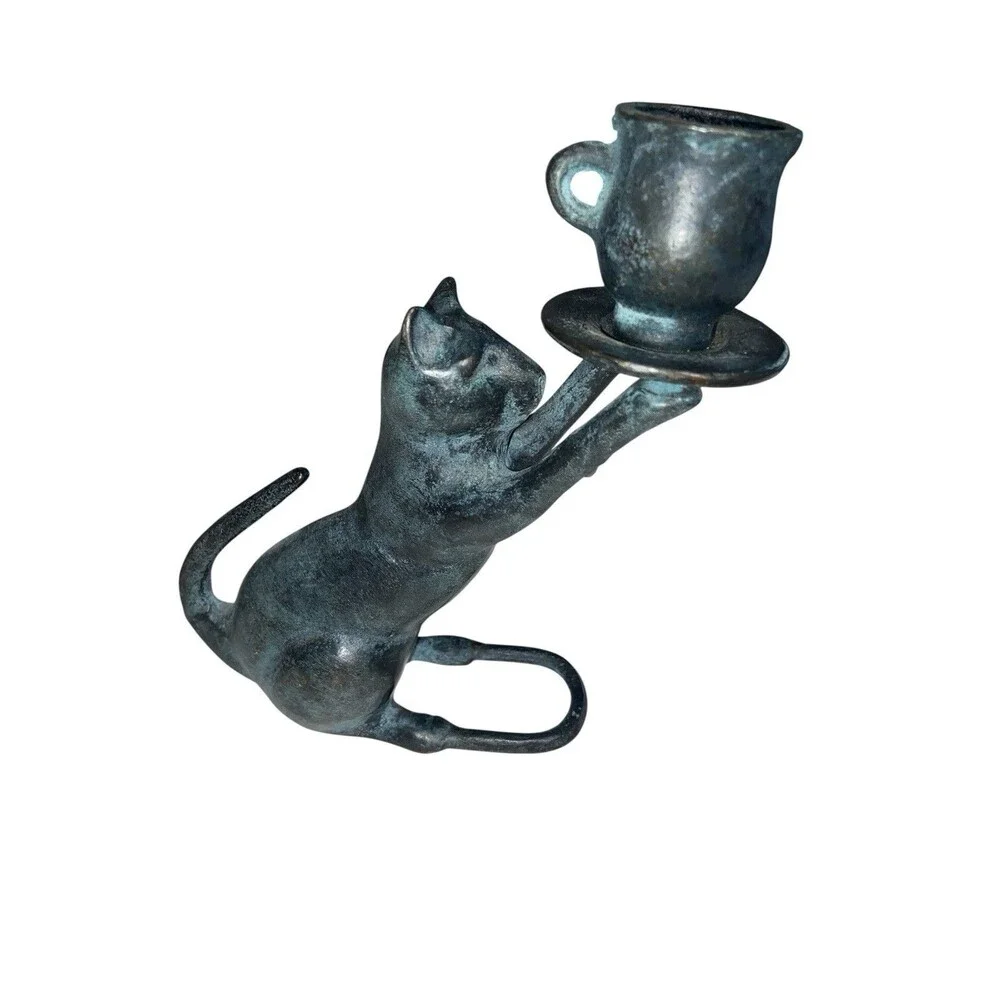 Vintage Bronze Cat Holding Tea Cup Candle Holder